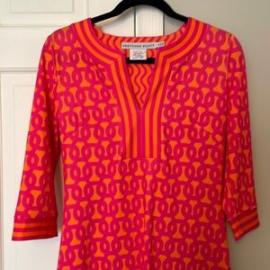 Gretchen Scott, orange, and pink dress